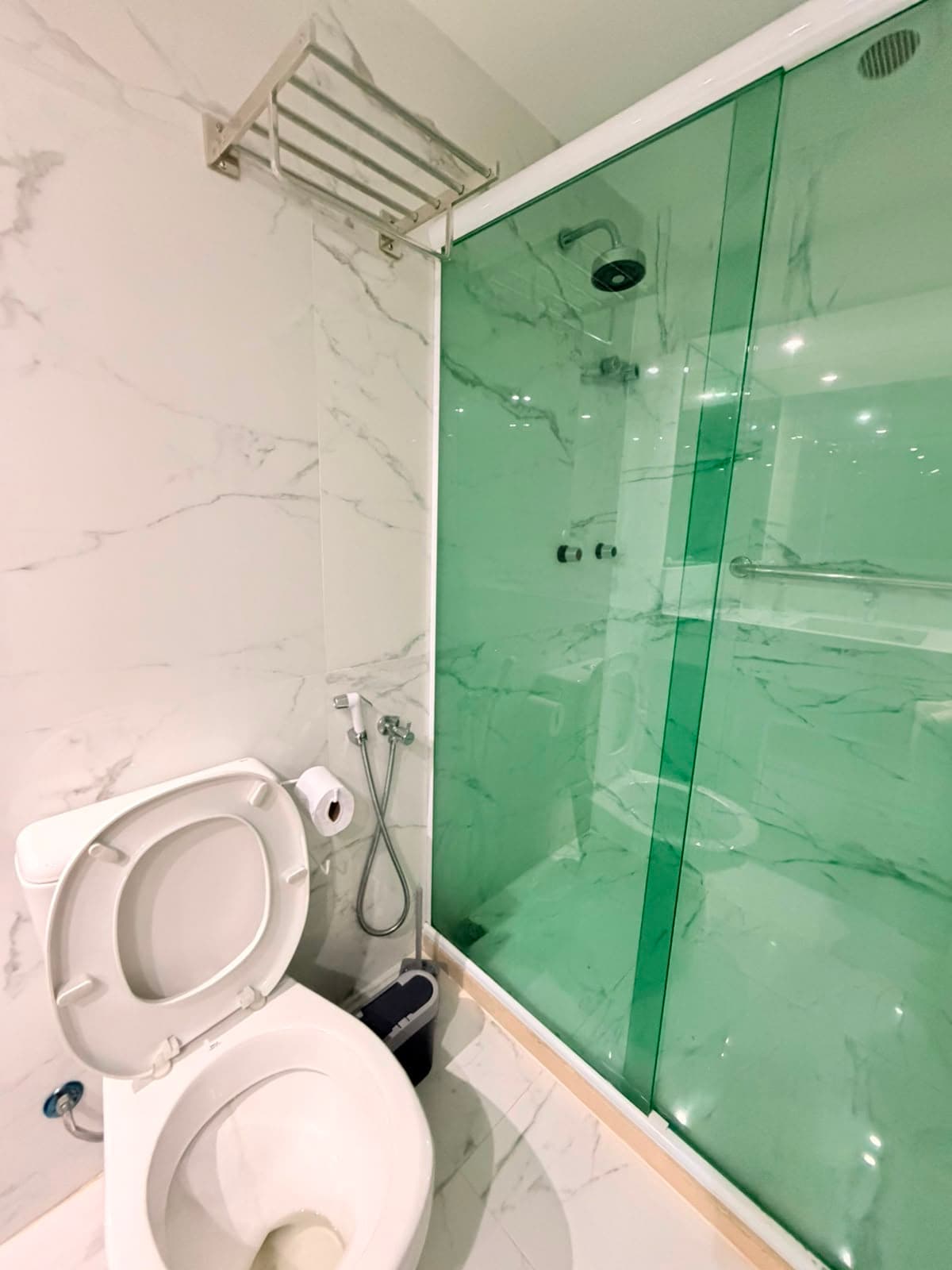 Banheiro com box de vidro verde